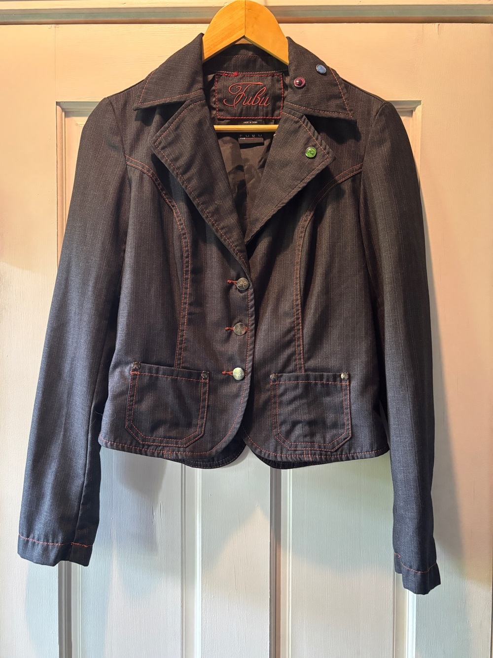 FUBU Collection Y2K Dark Denim Blazer Jacket with Contrast Stitching